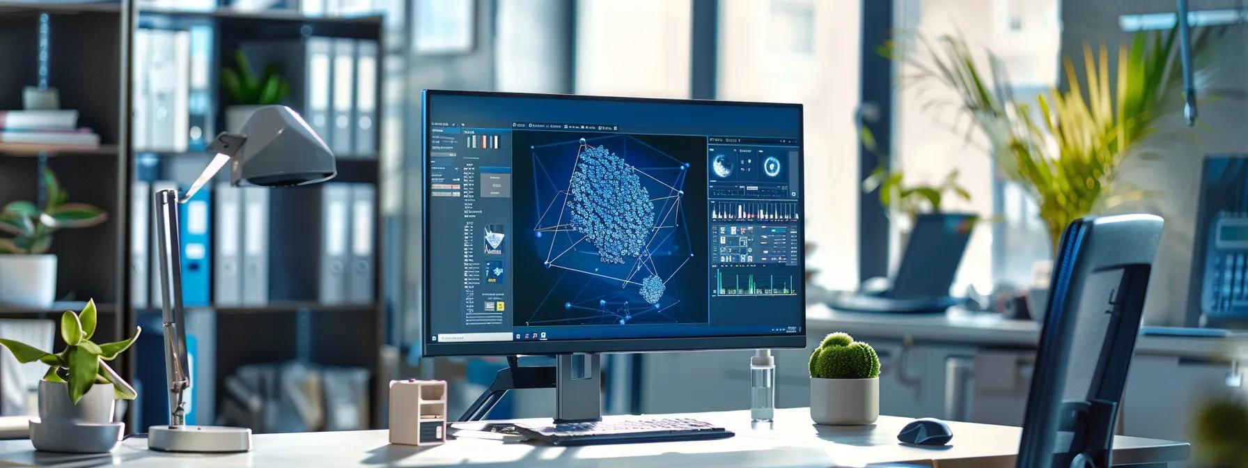 a vibrant, modern office workspace features a sleek computer screen displaying interactive sapphire identification tools, with a gemological expert's video tutorial playing in the background, emphasizing the fusion of technology and education in assessing gem authenticity.