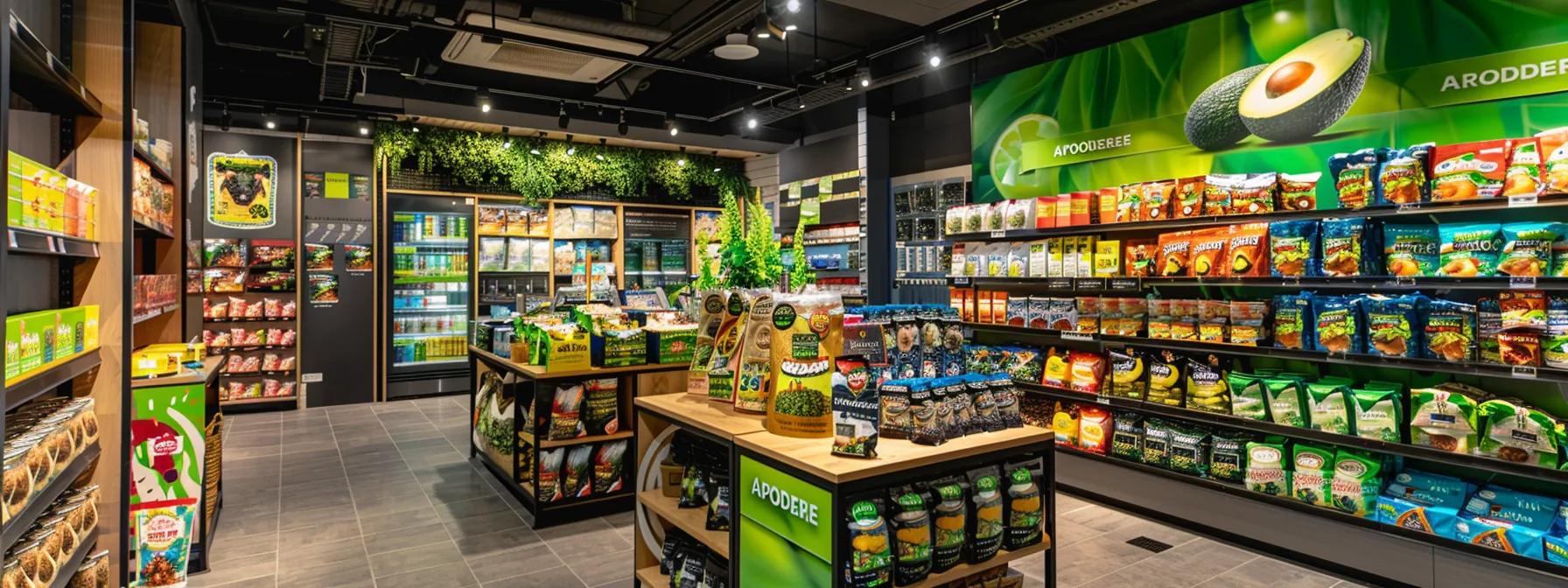 a vibrant, modern pet food store interior showcases a prominent display of avoderm dog food, highlighting its packaging featuring lush avocado imagery, with a bright spotlight emphasizing the health benefits for dogs, particularly focusing on skin care and overall well-being.
