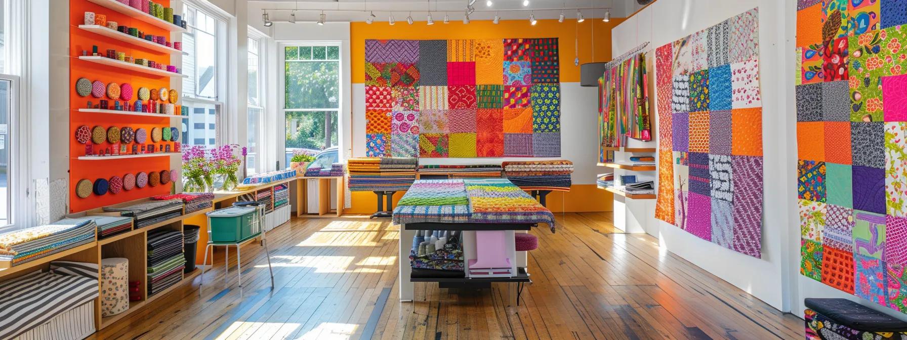 a vibrant, modern quilting studio filled with colorful fabric swatches and an array of meticulously designed long arm quilting patterns displayed prominently on the walls, showcasing the fusion of creativity and technique in the art of quilting. a vibrant, modern quilting studio filled with colorful fabric swatches and an array of meticulously designed long arm quilting patterns displayed prominently on the walls, showcasing the fusion of creativity and technique in the art of quilting.