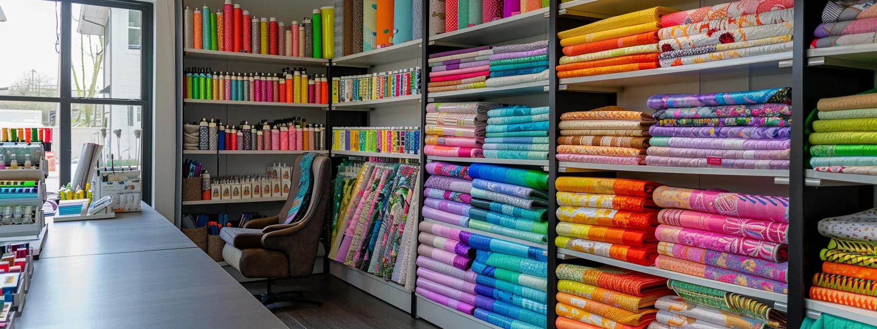 a vibrant, neatly organized craft studio showcases a colorful array of riley blake good vibrations quilt patterns and kits displayed on modern shelving, highlighting the creativity and quality of quilting supplies in an inspiring indoor setting.