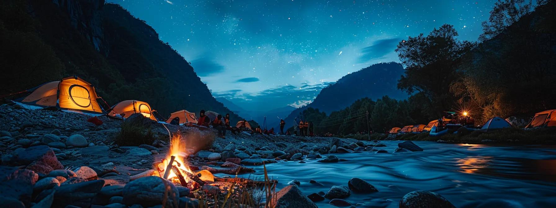 a vibrant nighttime scene of a group of adventurers gathering around a crackling campfire beside their raft on the edge of a rushing river, with illuminated tents in the background and stars twinkling above, embodying the excitement and camaraderie of an overnight rafting experience.