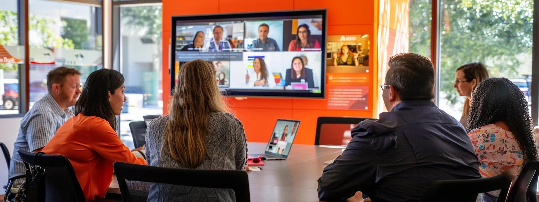a vibrant office environment showcasing a collaborative team discussing vibrant customer testimonials displayed on digital screens, highlighting their impact on marketing strategies for california insurance agencies.