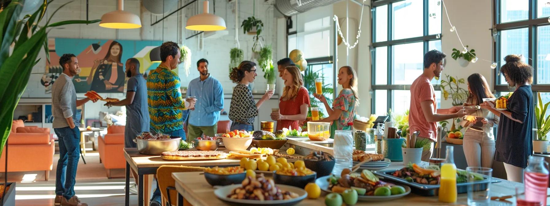 a vibrant office gathering showcases diverse employees enjoying a lively potluck event, surrounded by colorful dishes and decorations that foster a warm, community atmosphere, with a backdrop of modern office decor enhancing the feeling of camaraderie and collaboration.