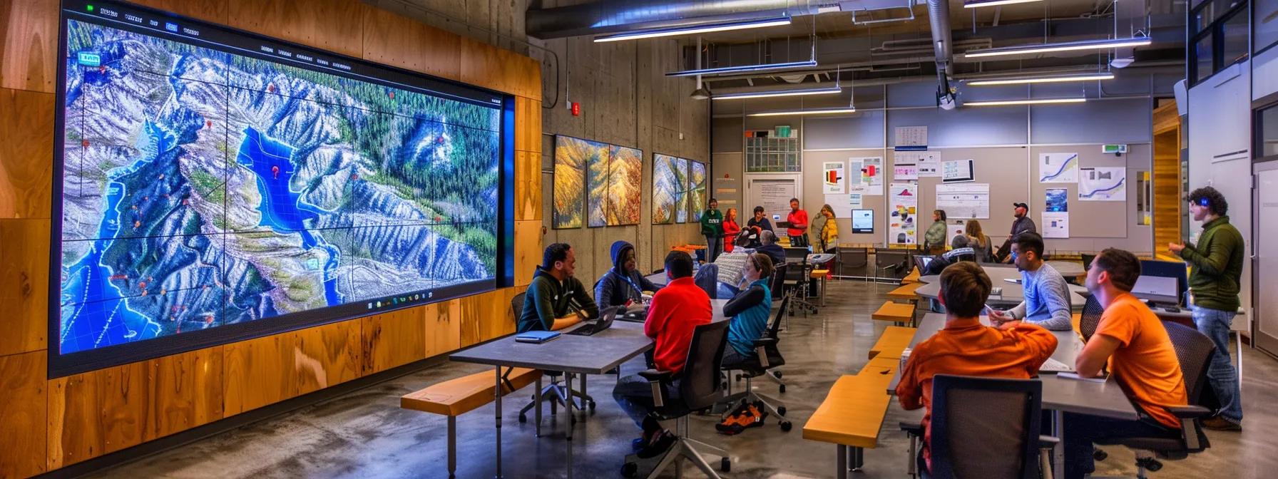 a vibrant office meeting room filled with a diverse group of outdoor enthusiasts passionately discussing hiking trails on a digital map displayed on a large screen, surrounded by trail guides and topographic maps. a vibrant office meeting room filled with a diverse group of outdoor enthusiasts passionately discussing hiking trails on a digital map displayed on a large screen, surrounded by trail guides and topographic maps.