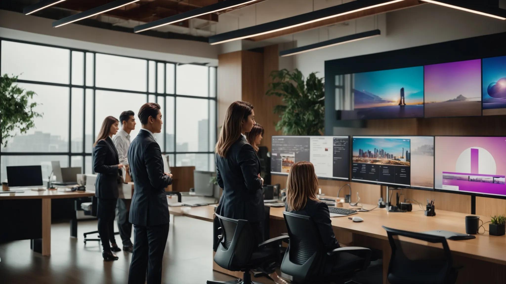 a vibrant office setting showcases a diverse group of professionals viewing a digital presentation on a large screen, highlighting successful budget website design case studies and their impressive metrics for improving business performance.