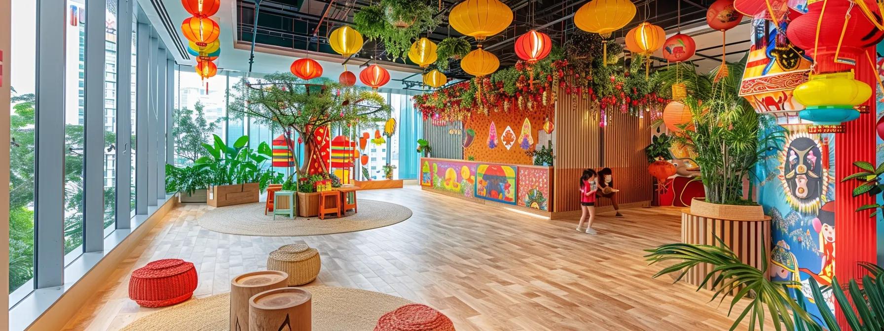 a vibrant office setting transformed for a themed cultural event, adorned with colorful decorations and traditional artifacts, showcasing team members engaging in festive activities that celebrate singapore’s diverse festivals.