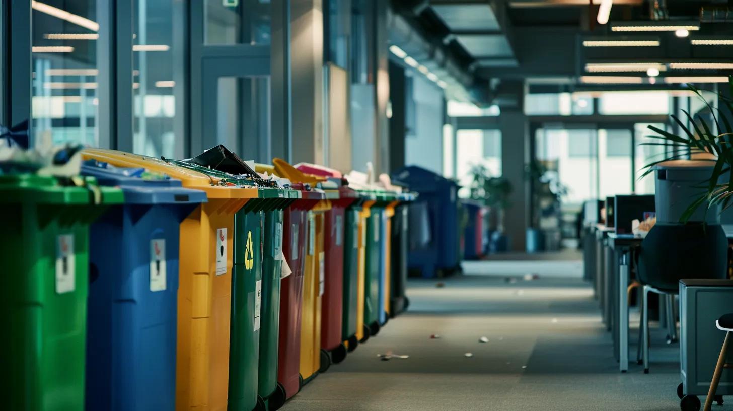 a vibrant office space is filled with neatly organized recycling bins labeled for different waste types, highlighting the importance of proper waste disposal in an engaging and visually compelling manner.