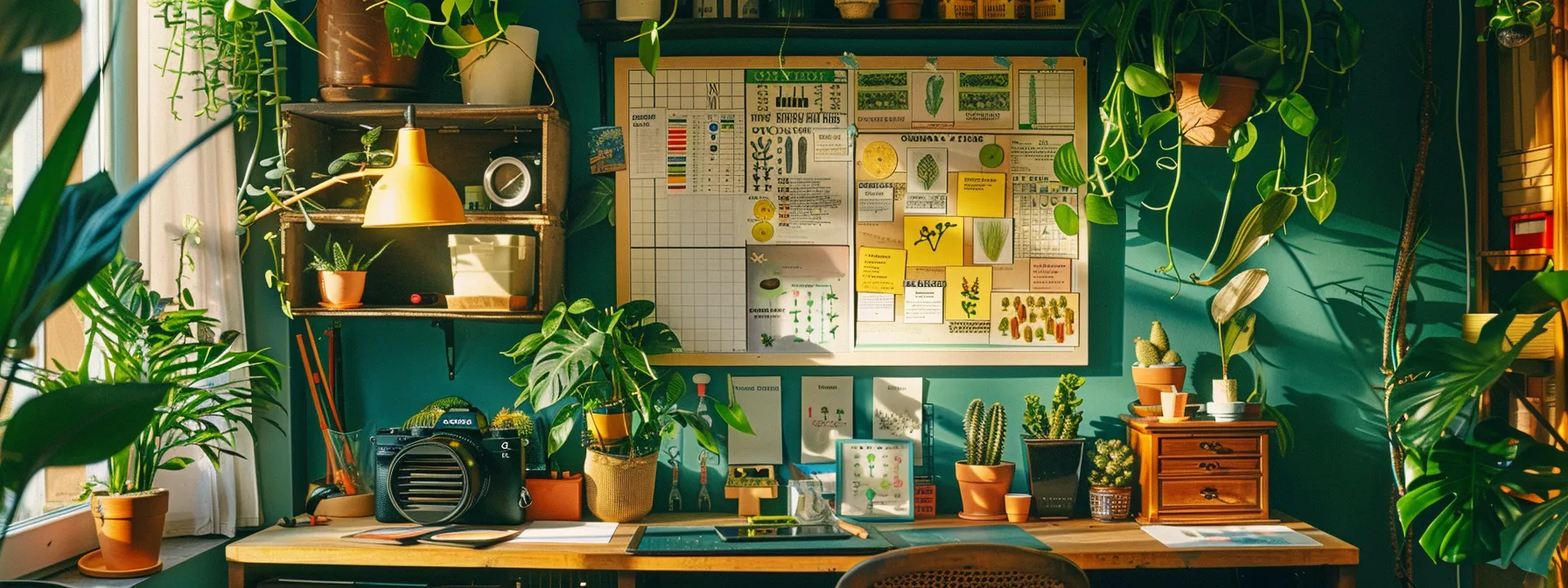 a vibrant, organized indoor workspace displays a detailed chart of companion planting strategies and organic pest control methods, with brightly illustrated diagrams and a variety of natural remedies laid out for effective summer gardening. a vibrant, organized indoor workspace displays a detailed chart of companion planting strategies and organic pest control methods, with brightly illustrated diagrams and a variety of natural remedies laid out for effective summer gardening.
