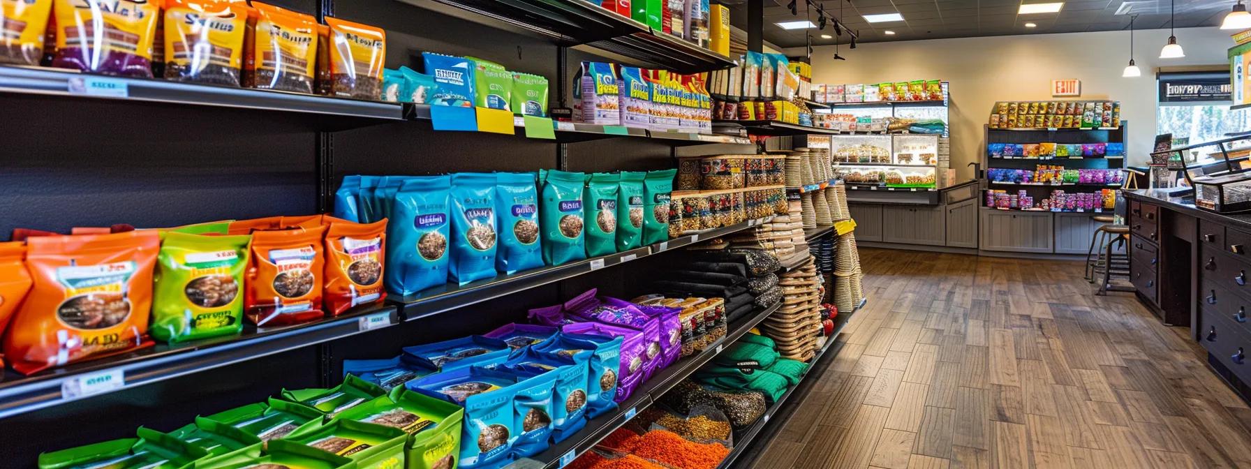 a vibrant, organized pet supply store interior showcases an array of labeled pre-prepared meal packages for bearded dragons, highlighting the convenience and nutritional variety available to responsible pet owners.