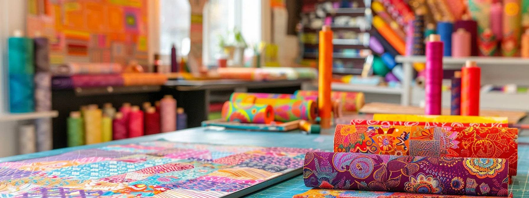 a vibrant, organized quilting workspace showcases an array of colorful fabric rolls and precut jelly roll strips neatly arranged on a spacious cutting table, with a quilt pattern sketch prominently displayed on a design board, emphasizing creativity and project planning for quilters.