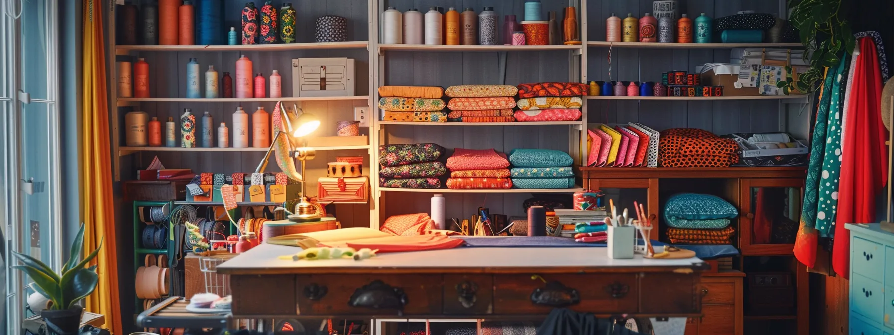 a vibrant, organized sewing studio showcases colorful jelly roll fabric transformed into stylish headbands, patchwork scarves, and playful fabric flower pins, all neatly displayed on a modern sewing table illuminated by a soft, warm glow.
