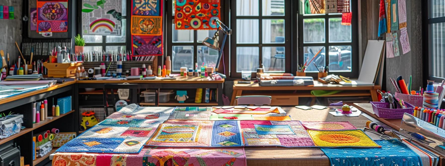 a vibrant, organized workspace filled with colorful quilt patches and sewing tools, showcasing a step-by-step process of creating a good vibrations quilt against a backdrop of modern design elements.