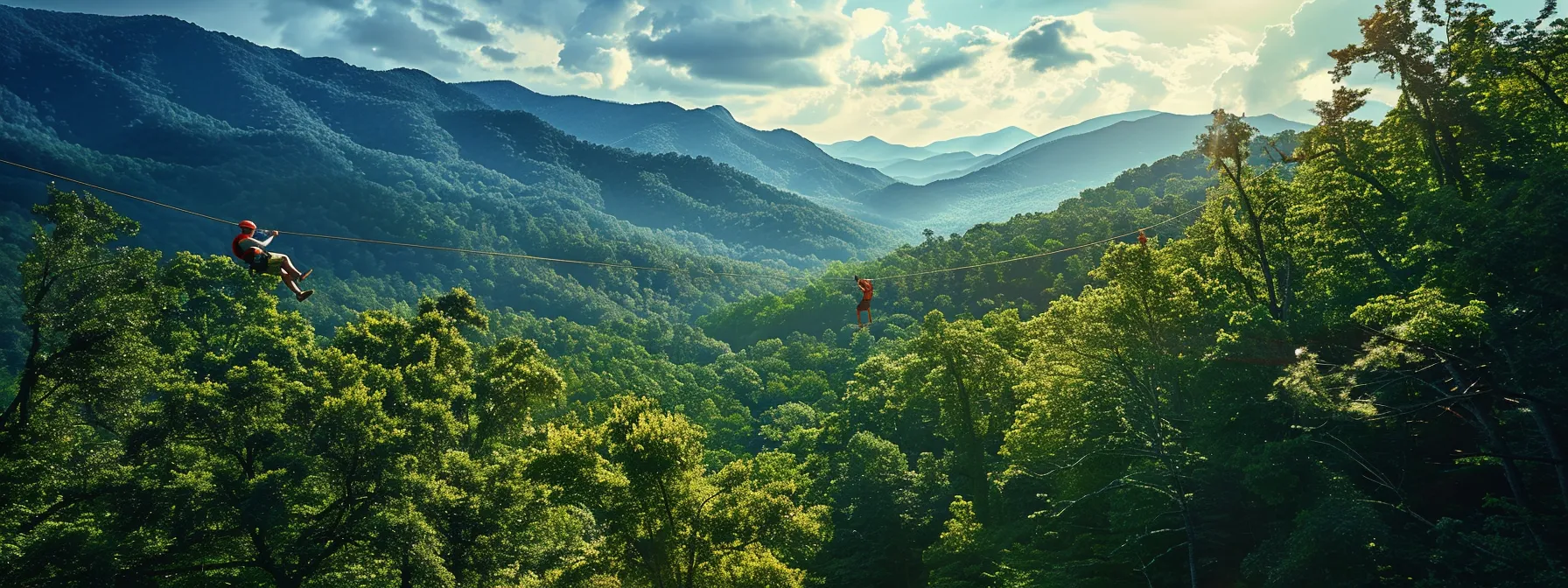 a vibrant outdoor adventure scene captures a group of thrill-seekers zipping across the treetops with a breathtaking mountain backdrop, embodying the excitement of a tennessee summer vacation filled with varied activities beyond just rafting.