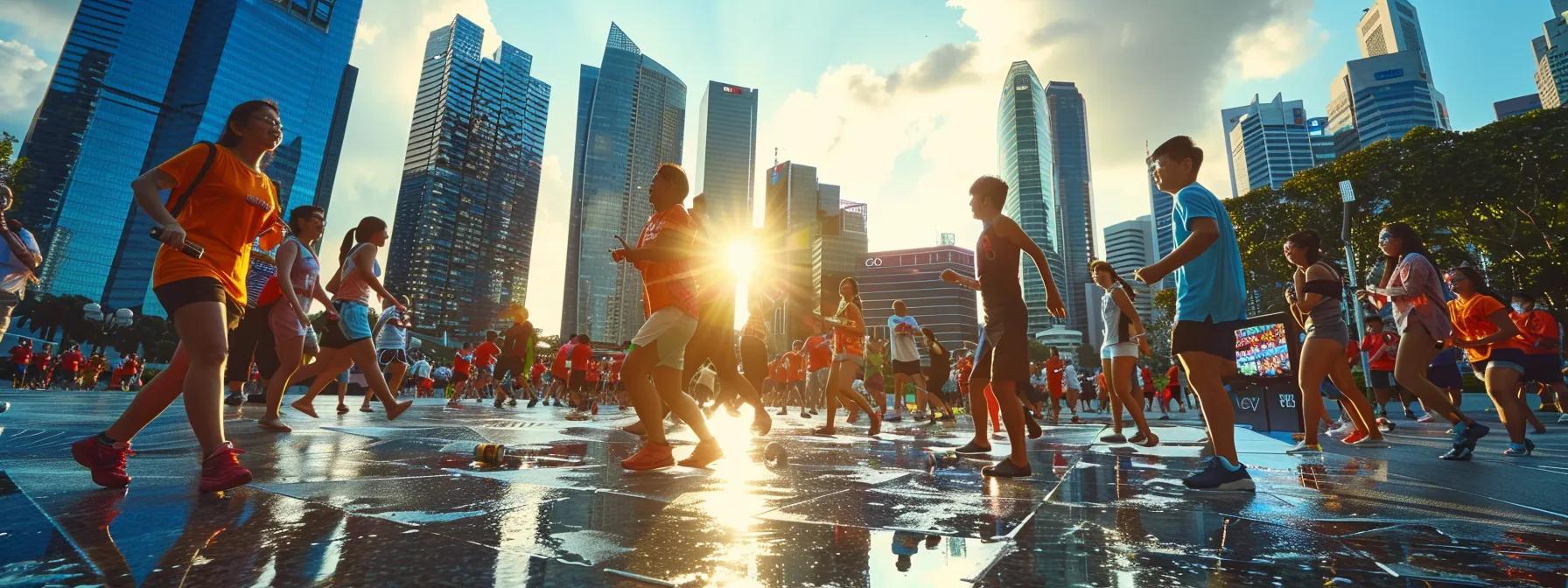 a vibrant outdoor team-building event in a bustling urban setting of singapore, featuring diverse participants engaging in an obstacle course, showcasing teamwork and collaboration against a backdrop of modern skyscrapers.