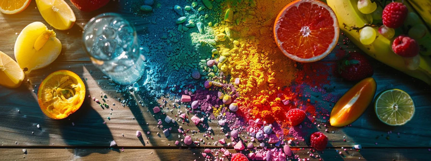 a vibrant overhead view of a colorful electrolyte powder spread artfully across a wooden surface, surrounded by fresh fruits and a clear glass of water, highlighting the importance of hydration and mineral replenishment.