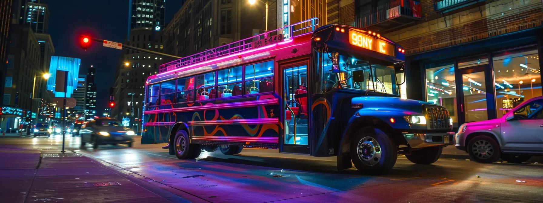 a vibrant party bus stands out against a bustling city backdrop, showcasing its colorful interior and lively atmosphere, contrasting sharply with the traditional sedan parked nearby under glowing streetlights. a vibrant party bus stands out against a bustling city backdrop, showcasing its colorful interior and lively atmosphere, contrasting sharply with the traditional sedan parked nearby under glowing streetlights.