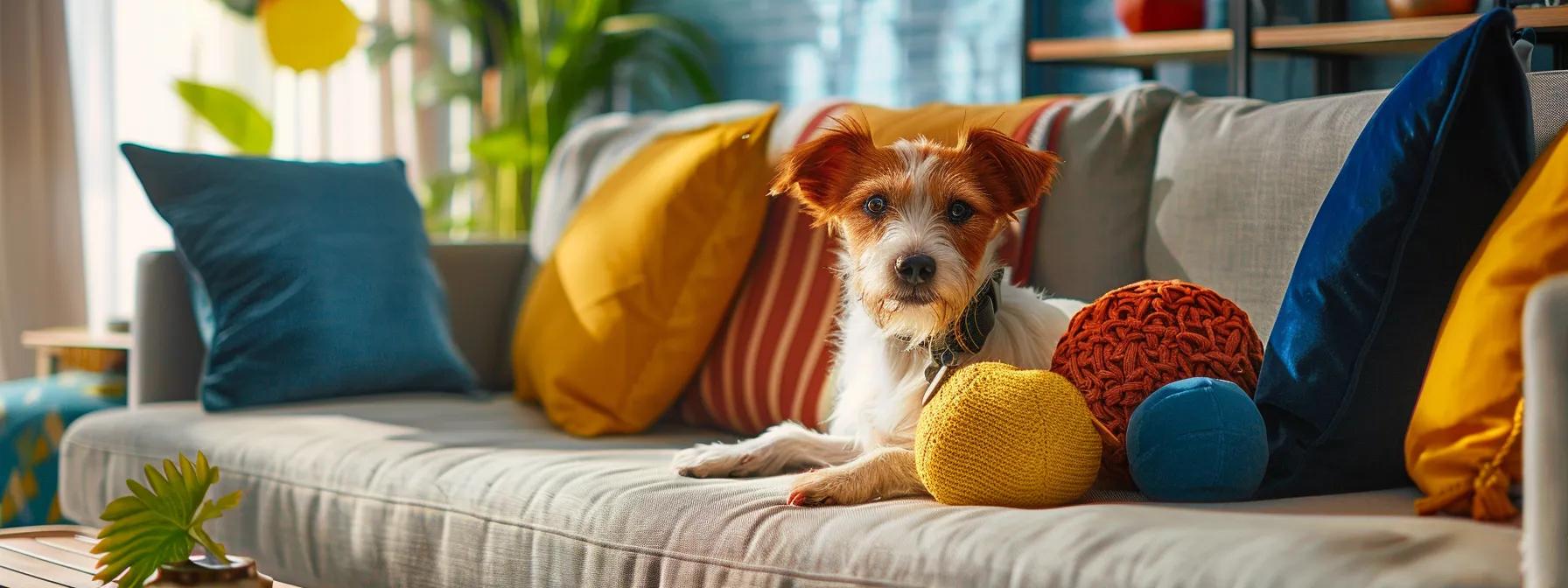 a vibrant pet-friendly living room showcases an excited dog joyfully playing with an eco-friendly plush toy, surrounded by colorful decorations that highlight sustainability and joyful pet ownership. a vibrant pet-friendly living room showcases an excited dog joyfully playing with an eco-friendly plush toy, surrounded by colorful decorations that highlight sustainability and joyful pet ownership.