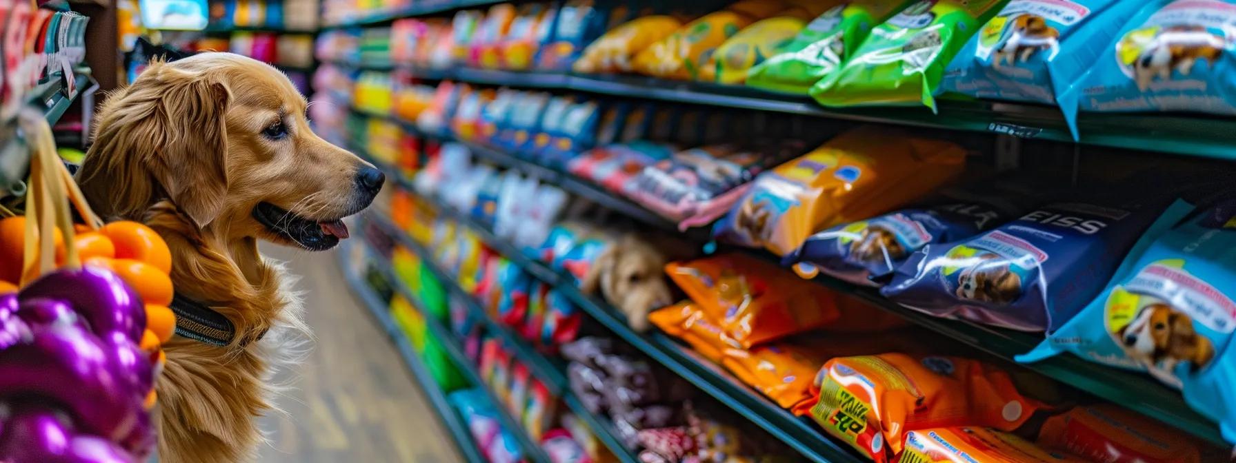 a vibrant pet store aisle filled with an array of durable, colorful dog chew toys, highlighting their packaging that emphasizes benefits like dental health and mental engagement, while a joyful dog excitedly sniffs at the selection. a vibrant pet store aisle filled with an array of durable, colorful dog chew toys, highlighting their packaging that emphasizes benefits like dental health and mental engagement, while a joyful dog excitedly sniffs at the selection.