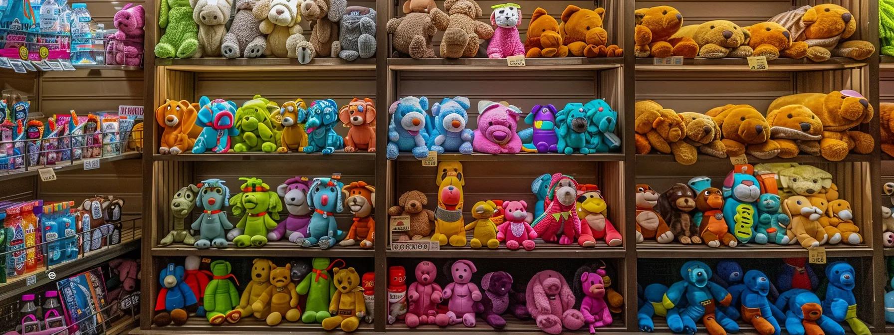 a vibrant pet store display showcases an array of durable dog chew toys, meticulously organized by texture and chewing style, attracting dog owners with their bright colors and appealing designs under warm, inviting lighting. a vibrant pet store display showcases an array of durable dog chew toys, meticulously organized by texture and chewing style, attracting dog owners with their bright colors and appealing designs under warm, inviting lighting.