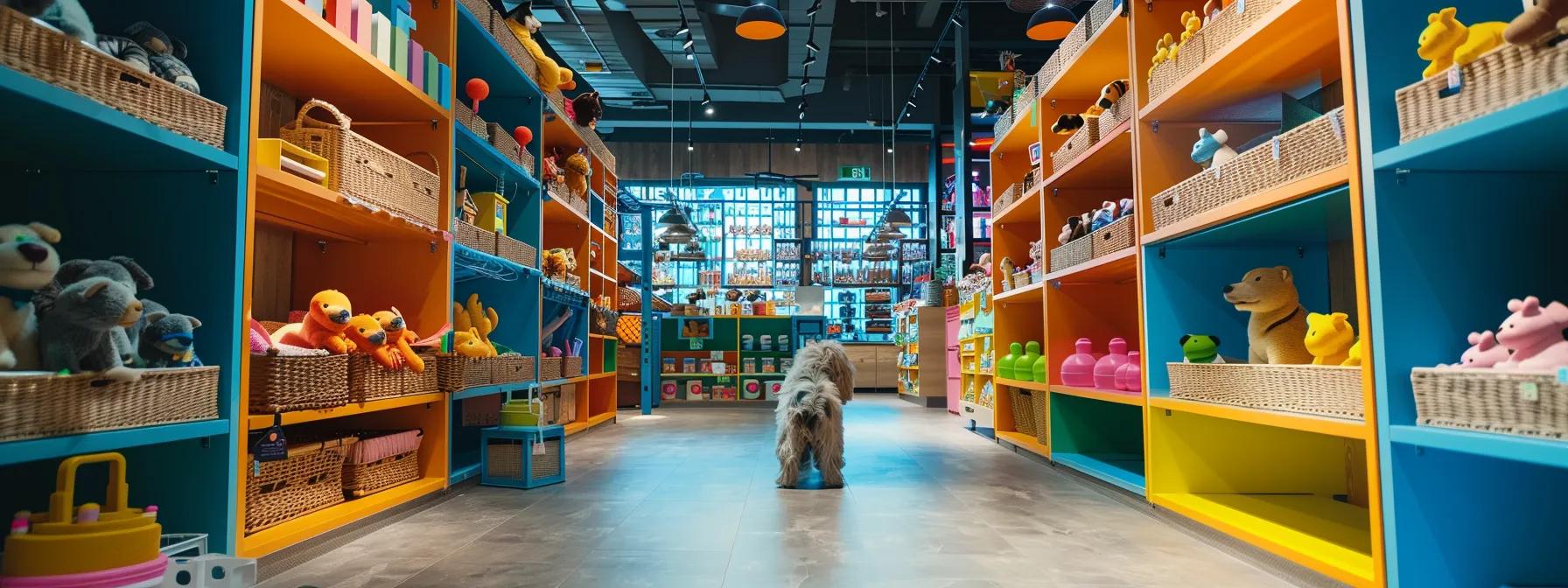 a vibrant pet store interior showcases a selection of colorful, durable fetch toys prominently displayed on shelves, with a playful dog enthusiastically retrieving one, highlighting the benefits of long-lasting toys for aggressive chewers. a vibrant pet store interior showcases a selection of colorful, durable fetch toys prominently displayed on shelves, with a playful dog enthusiastically retrieving one, highlighting the benefits of long-lasting toys for aggressive chewers.