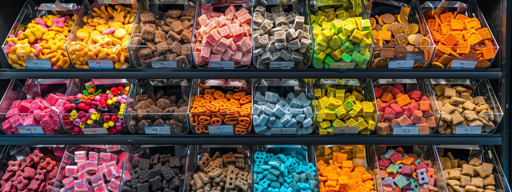 a vibrant pet supply store display showcases an array of colorful, soft and chewy dog treats, enticingly arranged to attract the attention of discerning pet owners and their picky pups. a vibrant pet supply store display showcases an array of colorful, soft and chewy dog treats, enticingly arranged to attract the attention of discerning pet owners and their picky pups.