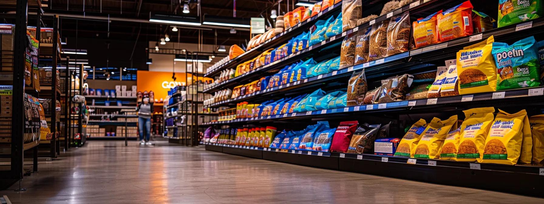 a vibrant pet supply store aisle showcases neatly arranged bags of avoderm dog food, highlighting its visibility among premium pet nutrition options, while satisfied customers read product benefits from promotional signage.