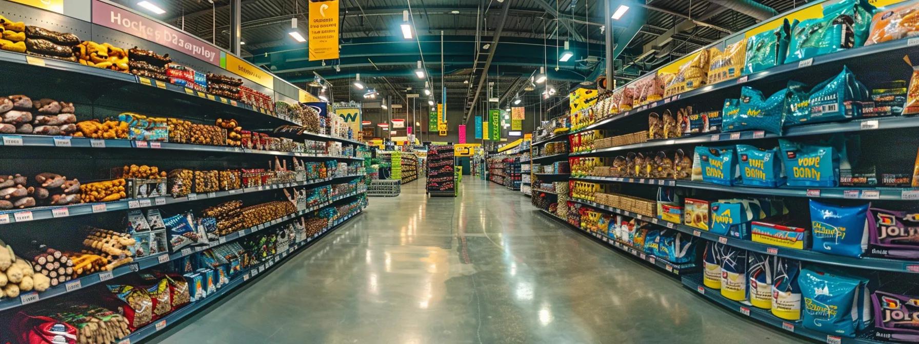 a vibrant pet supply store aisle showcases an array of chew toys tailored for various dog breeds and sizes, with clear signage and distinct packaging highlighting durability and texture for aggressive chewers and softer options for smaller dogs. a vibrant pet supply store aisle showcases an array of chew toys tailored for various dog breeds and sizes, with clear signage and distinct packaging highlighting durability and texture for aggressive chewers and softer options for smaller dogs.