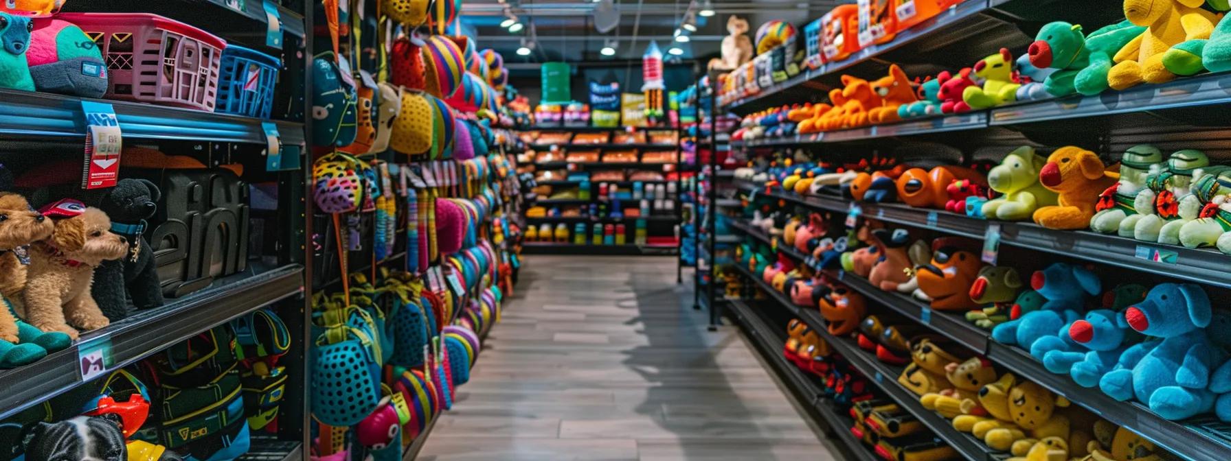 a vibrant pet supply store aisle showcases an array of colorful, durable fetch toys specifically designed for various dog breeds, emphasizing the unique features of each toy that cater to different chewing styles and sizes. a vibrant pet supply store aisle showcases an array of colorful, durable fetch toys specifically designed for various dog breeds, emphasizing the unique features of each toy that cater to different chewing styles and sizes.