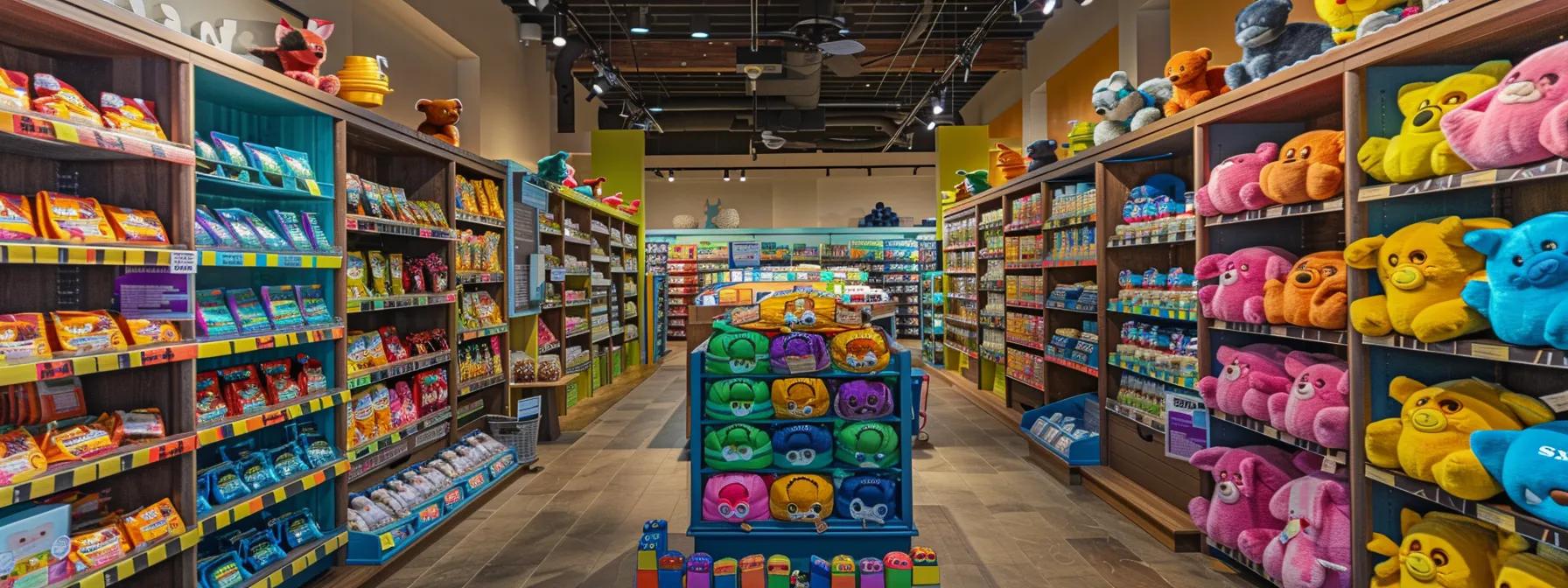 a vibrant pet supply store display showcases an array of eco-friendly plush dog toys, strategically arranged to highlight their sustainable materials and design, illuminated by bright, inviting lighting to draw attention. a vibrant pet supply store display showcases an array of eco-friendly plush dog toys, strategically arranged to highlight their sustainable materials and design, illuminated by bright, inviting lighting to draw attention.