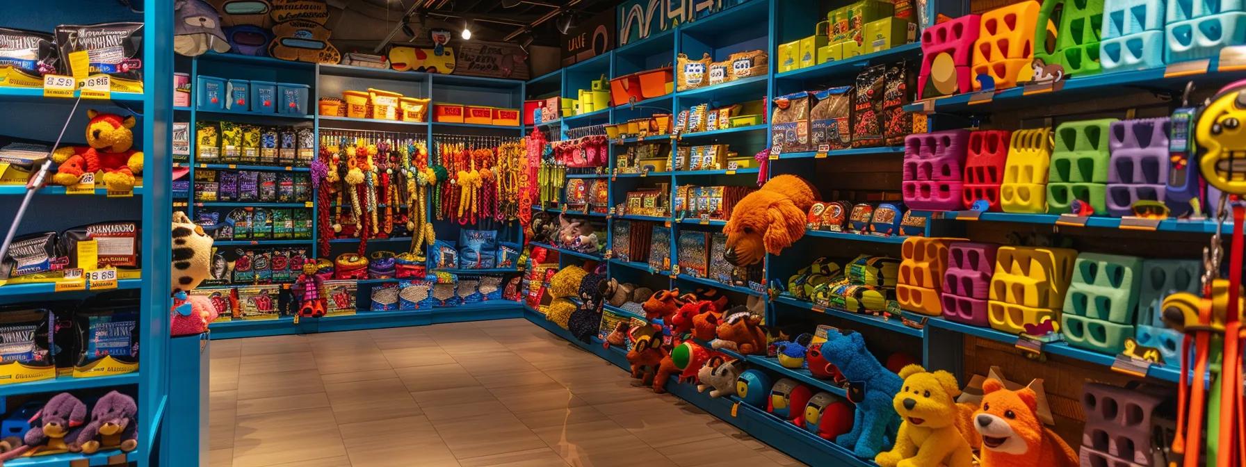 a vibrant pet supply store display showcases an array of colorful and innovative dog puzzle toys from brands like nina ottosson, trixie, and outward hound, highlighting their intricate designs that engage dogs' minds in a lively indoor shopping environment. a vibrant pet supply store display showcases an array of colorful and innovative dog puzzle toys from brands like nina ottosson, trixie, and outward hound, highlighting their intricate designs that engage dogs' minds in a lively indoor shopping environment.