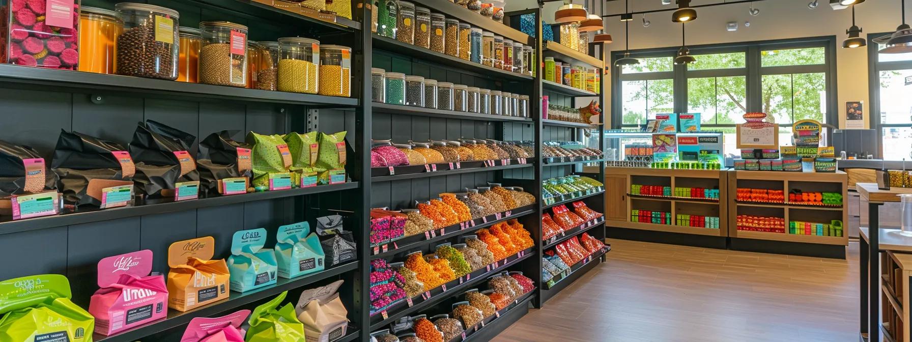 a vibrant pet supply store interior showcases an array of colorful dog treats neatly organized by size and texture, emphasizing the unique dietary needs of different breeds with informational signage prominently displayed in a modern, well-lit setting. a vibrant pet supply store interior showcases an array of colorful dog treats neatly organized by size and texture, emphasizing the unique dietary needs of different breeds with informational signage prominently displayed in a modern, well-lit setting.