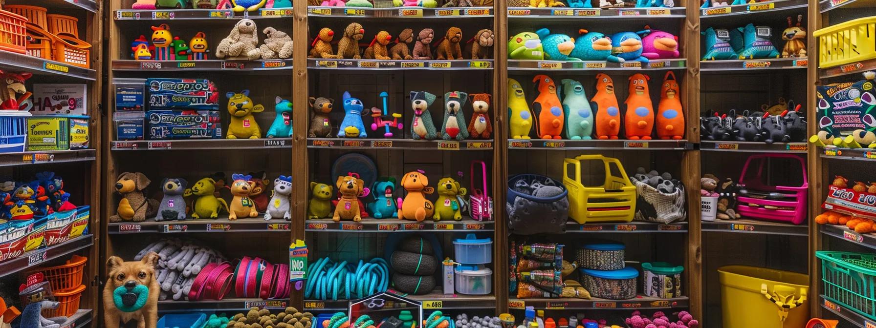 a vibrant pet supply store interior showcases a colorful display of durable dog toys specifically designed for heavy chewers, with various textures and shapes prominently featured on the shelves to attract attention. a vibrant pet supply store interior showcases a colorful display of durable dog toys specifically designed for heavy chewers, with various textures and shapes prominently featured on the shelves to attract attention.