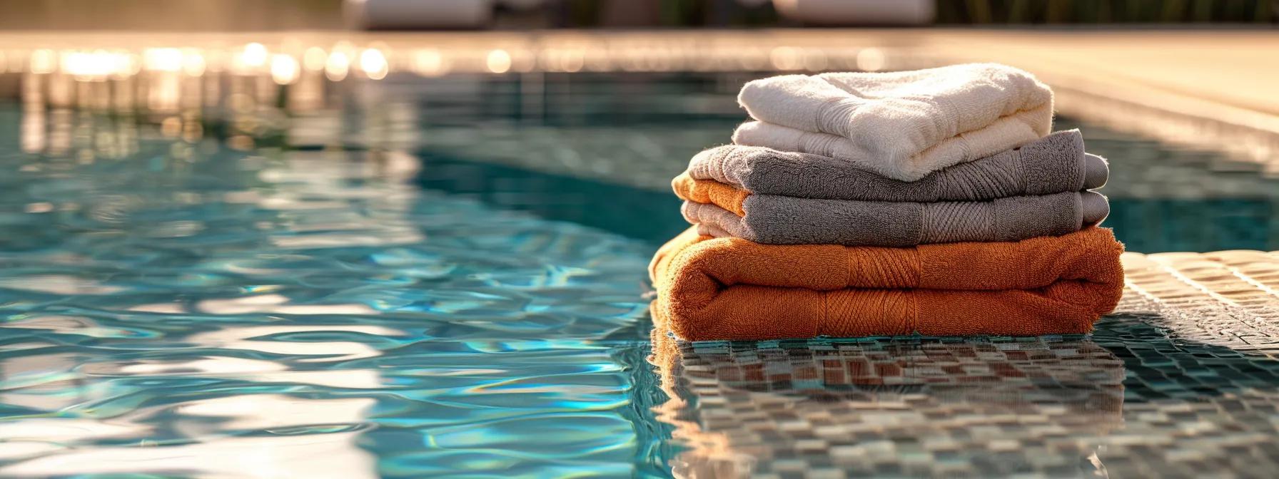 a vibrant poolside setting showcases plush, elegantly folded towels, highlighting their rich colors and textures, as a glistening pool reflects the sunlight, emphasizing the towels' superior absorbency and luxurious feel. a vibrant poolside setting showcases plush, elegantly folded towels, highlighting their rich colors and textures, as a glistening pool reflects the sunlight, emphasizing the towels' superior absorbency and luxurious feel.
