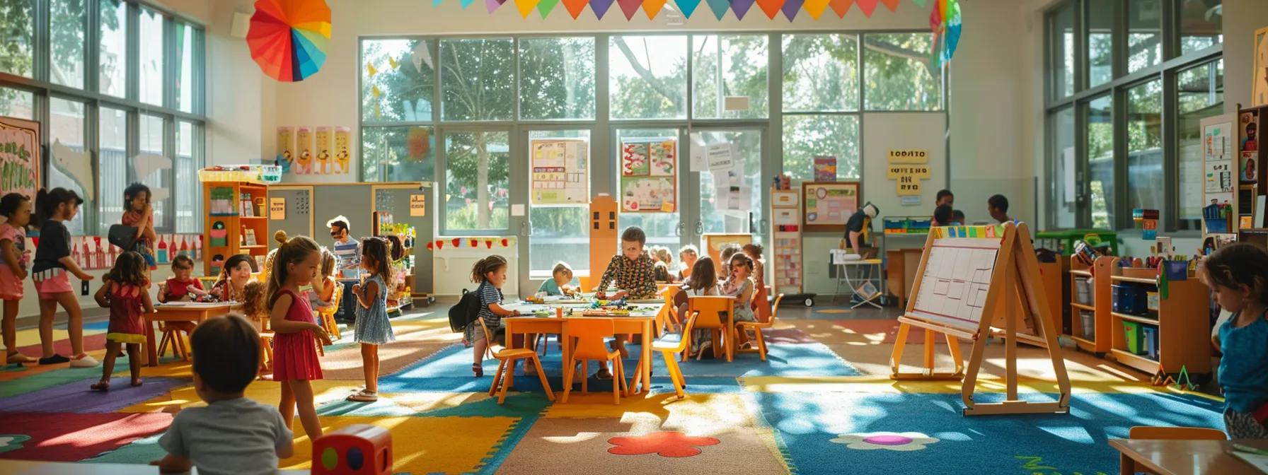 a vibrant preschool classroom bustling with engaged children participating in structured activities like drawing on easels and singing at a colorful carpet, all highlighting the dynamic routines that promote their development and learning. a vibrant preschool classroom bustling with engaged children participating in structured activities like drawing on easels and singing at a colorful carpet, all highlighting the dynamic routines that promote their development and learning.