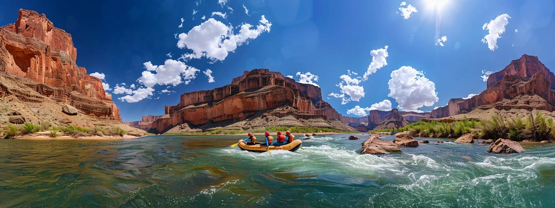 a vibrant rafting scene captures thrill-seekers navigating a rapid river, with skilled guides leading the way amidst splashing water, surrounded by rocky cliffs in the backdrop, emphasizing the excitement and anticipation of an overnight adventure.
