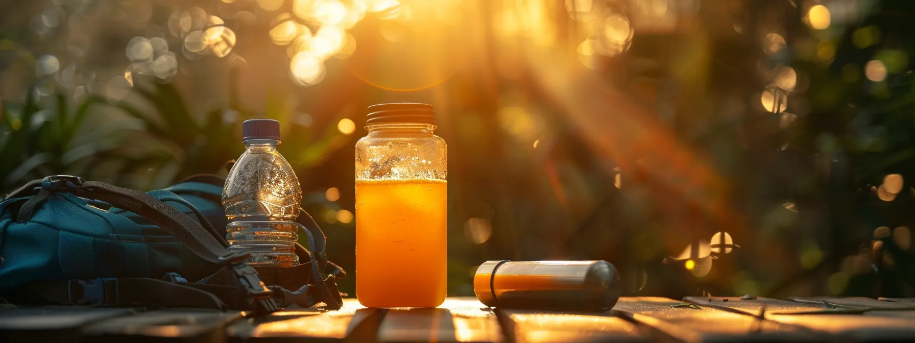 a vibrant, refreshing mango-flavored drink sitting next to a water bottle and workout gear under the warm glow of sunlight.