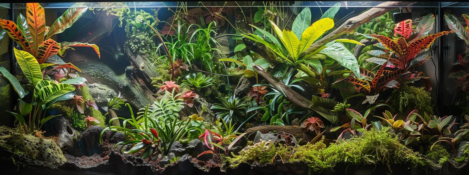 a vibrant reptile vivarium showcasing an intricate bioactive substrate system, complete with live plants and visible beneficial insects, encapsulates a dynamic microenvironment that emphasizes ecological enrichment and natural waste cycling. a vibrant reptile vivarium showcasing an intricate bioactive substrate system, complete with live plants and visible beneficial insects, encapsulates a dynamic microenvironment that emphasizes ecological enrichment and natural waste cycling.