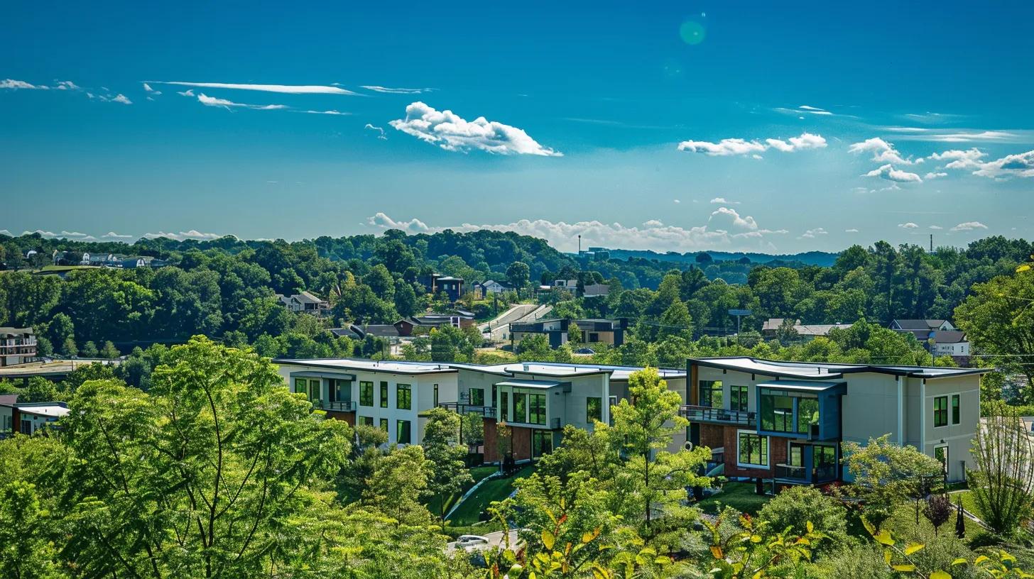a vibrant residential neighborhood in knoxville showcases newly constructed homes with modern architecture, surrounded by lush greenery under a bright blue sky.