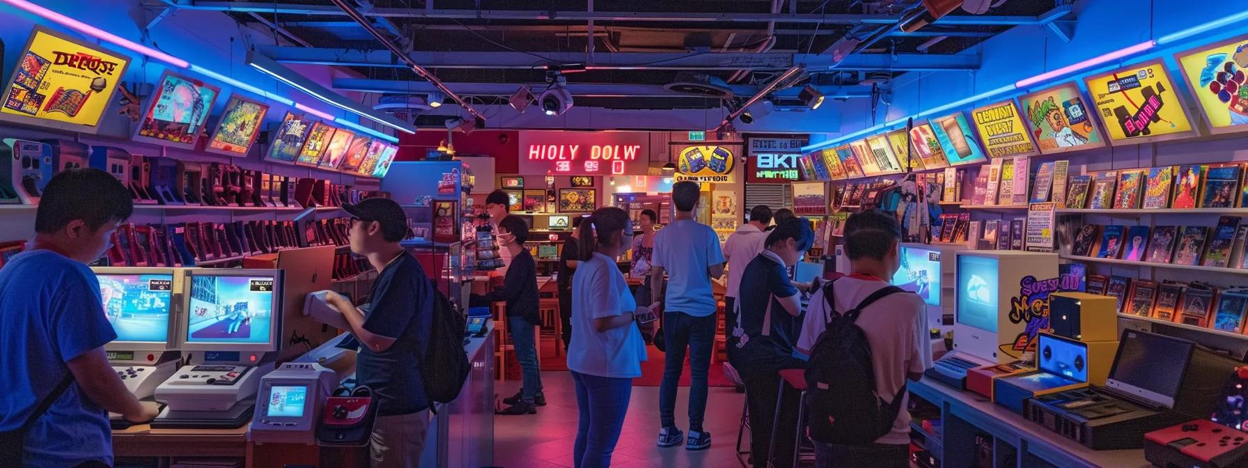a vibrant retro gaming store displays an array of portable gaming consoles under bright, colorful lights, with customers eagerly testing devices at demo stations surrounded by nostalgic gaming memorabilia. a vibrant retro gaming store displays an array of portable gaming consoles under bright, colorful lights, with customers eagerly testing devices at demo stations surrounded by nostalgic gaming memorabilia.