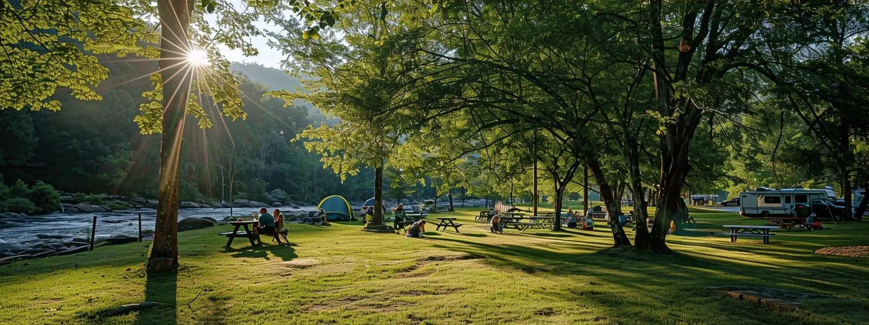 a vibrant scene captures a family relaxing at a premier rv park near the ocoee river, with lush greenery, towering trees, and a sunlit picnic area, all set against the backdrop of thrilling whitewater rapids in the distance.