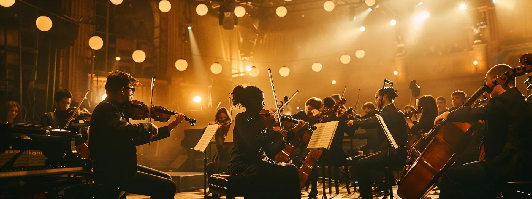 a vibrant scene captures musicians in a local orchestra passionately collaborating during rehearsal, surrounded by a warm ambiance that reflects the camaraderie and mentorship flourishing within their community. a vibrant scene captures musicians in a local orchestra passionately collaborating during rehearsal, surrounded by a warm ambiance that reflects the camaraderie and mentorship flourishing within their community.