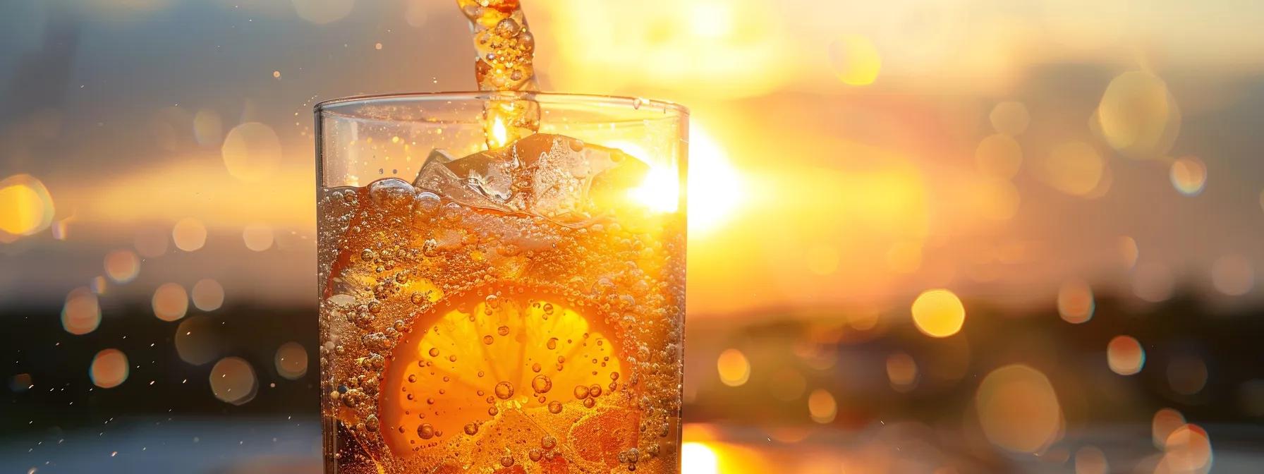 a vibrant scene capturing a refreshing sports drink being poured into a glass, glistening under a warm sunset, symbolizing the crucial balance of hydration and electrolyte replenishment essential for peak physical performance.