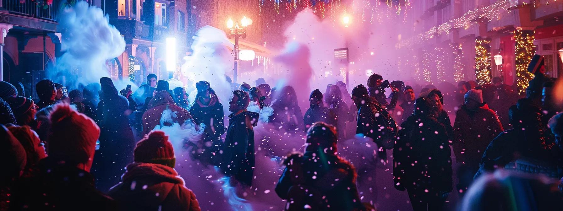 une scène vibrante d'une fête animée à laval, où des participants rayonnants dansent au milieu d'une mer de mousse blanche, sous des éclairages festifs colorés qui reflètent l'énergie et la joie collective de l'événement.