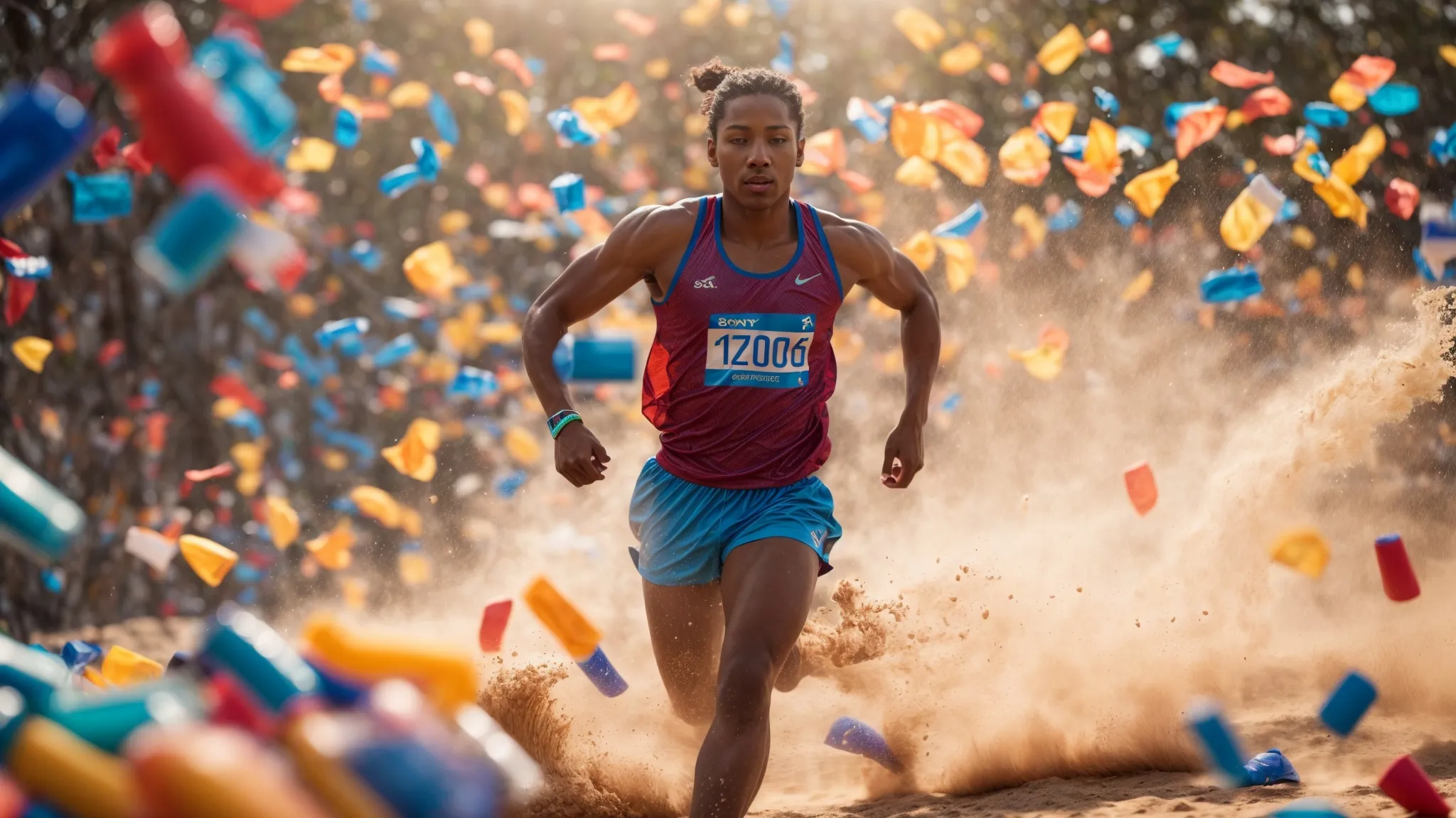 a vibrant scene of an athlete in dynamic motion, energized and focused, surrounded by colorful electrolyte powder packets and bottles, set against a sunlit, outdoor exercise backdrop that conveys vitality and optimal performance.