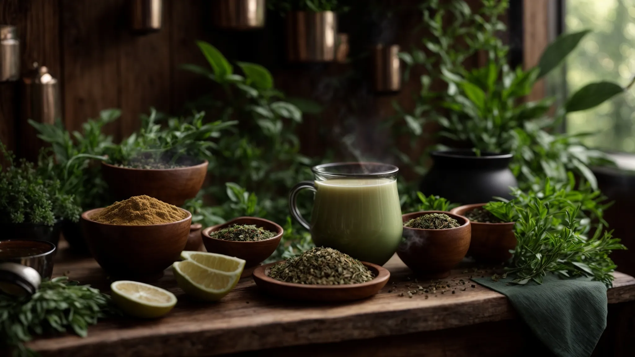 a vibrant setup featuring steaming cups of yerba mate and guayusa on a rustic wooden table, surrounded by fresh herbs and an assortment of ingredients like milk and mushroom powder, illuminated by warm, natural light to evoke a cozy, inviting atmosphere.