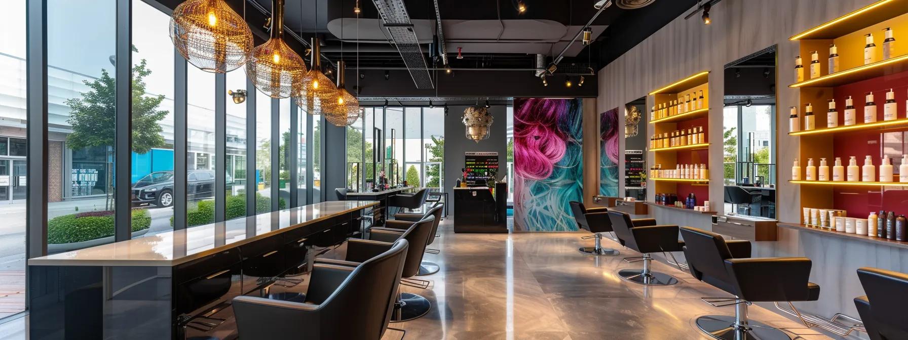 a vibrant, sleek hair salon interior showcases a professional stylist applying atsi hair & supplies' rich, glossy colour product to a client's hair, illuminated by modern pendant lighting that accentuates the artistry and precision involved in the hair colouring process. a vibrant, sleek hair salon interior showcases a professional stylist applying atsi hair & supplies' rich, glossy colour product to a client's hair, illuminated by modern pendant lighting that accentuates the artistry and precision involved in the hair colouring process.