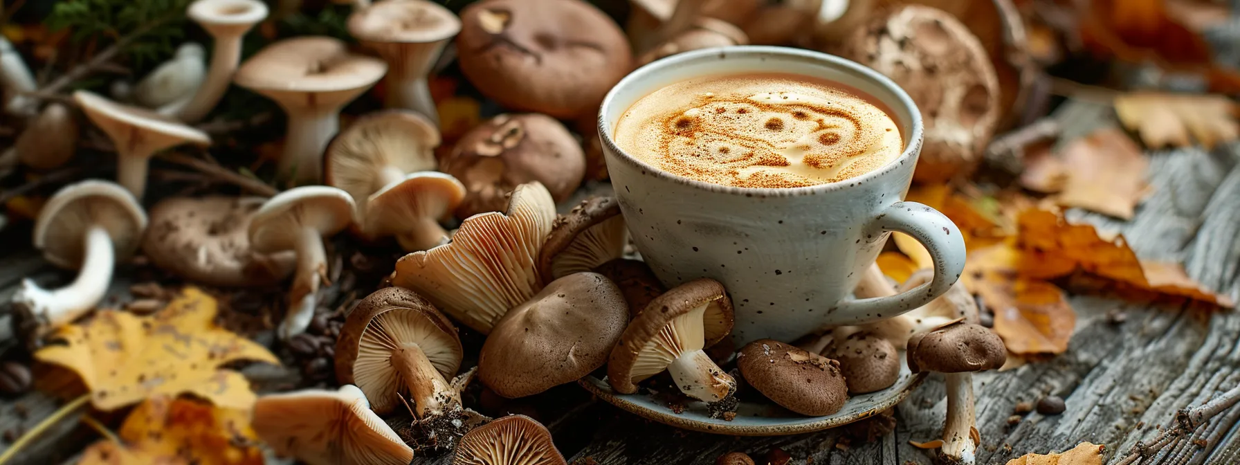 a vibrant, steaming cup of mushroom coffee is elegantly placed on a rustic wooden table surrounded by assorted mushrooms, evoking a sense of warmth and natural wellness.