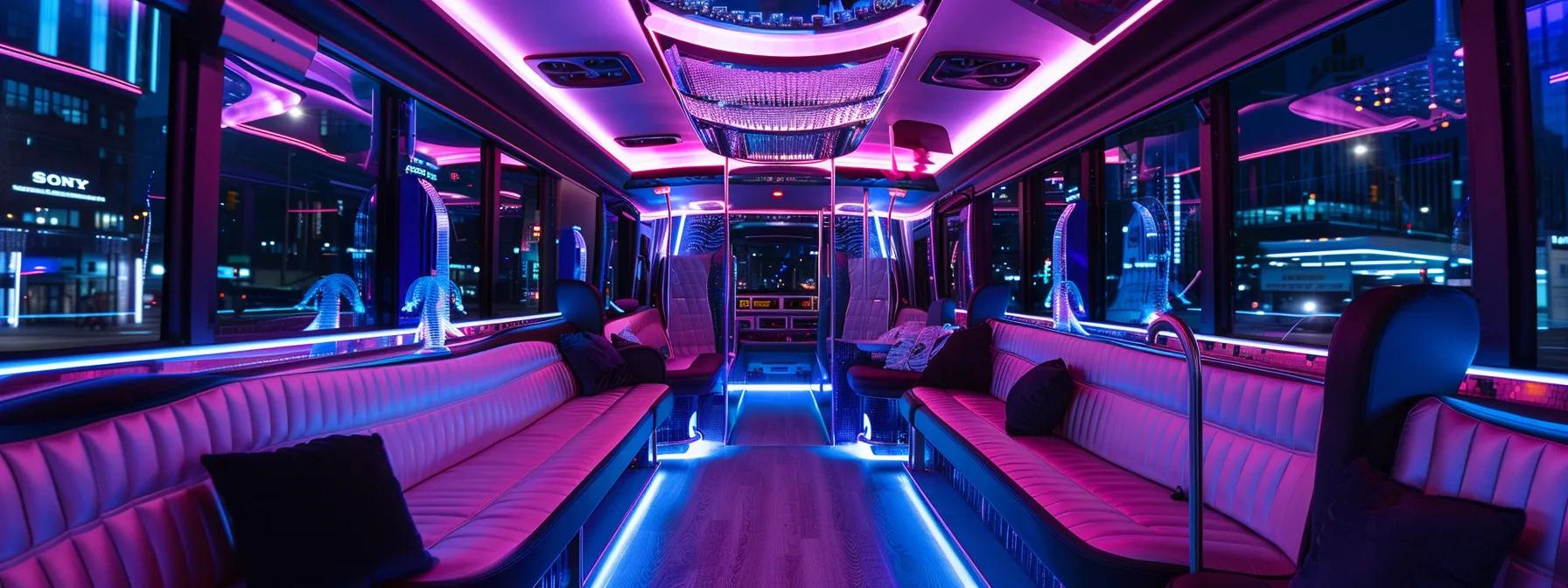 a vibrant, stylish party bus interior, bustling with lively guests enjoying the celebration, showcases various seating arrangements and amenities to fit diverse event types, all set against the backdrop of a sleek urban street.