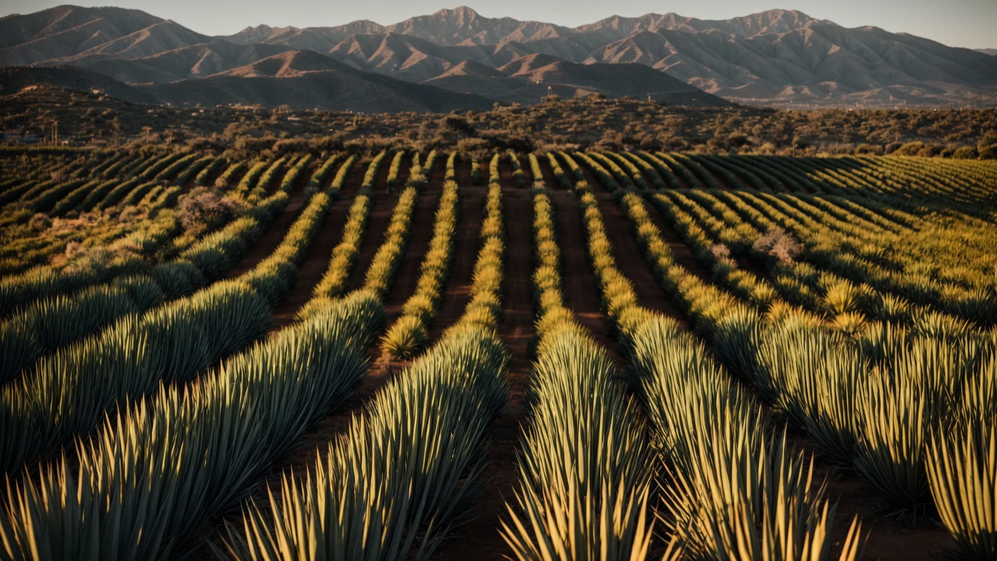 a vibrant, sunlit agave field stretches to the horizon, with majestic mountains in the background, evoking the rich cultural heritage and craftsmanship behind mexican tequila production.