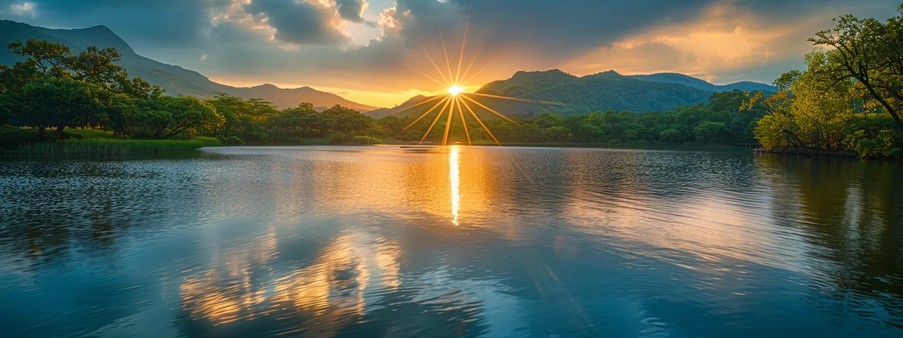 a vibrant sunset casts golden rays over a tranquil lake, reflecting the surrounding mountains and lush greenery, creating an enchanting and serene atmosphere. a vibrant sunset casts golden rays over a tranquil lake, reflecting the surrounding mountains and lush greenery, creating an enchanting and serene atmosphere.